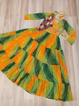 Laheriya Bandhej Yellow And Green Printed Kutchi Patche Work Gown