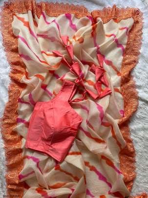 laheriya print Peach Soft Kota check saree With Ready Made Blouse