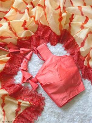 laheriya print Peach Soft Kota check saree With Ready Made Blouse