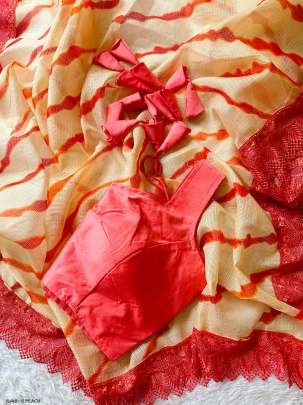 laheriya print Peach Soft Kota check saree With Ready Made Blouse