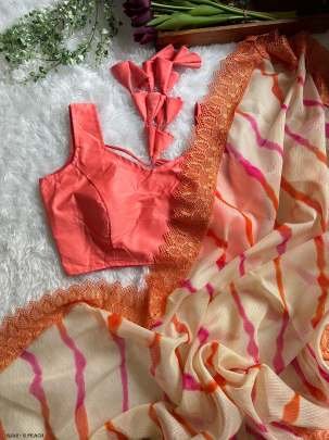 laheriya print Peach Soft Kota check saree With Ready Made Blouse