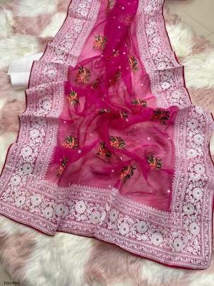 Latest Baby Pink Organza Silk Saree With Chikankari Work