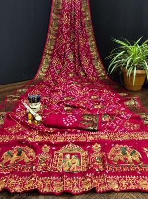Latest Bandhej silk Rani Colour Saree 