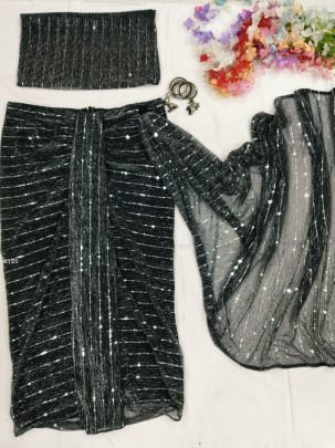 Latest Black Net Ready To Wear Saree With Beautiful Heavy Tikli Work