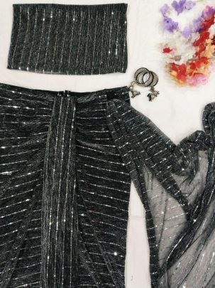 Latest Black Net Ready To Wear Saree With Beautiful Heavy Tikli Work