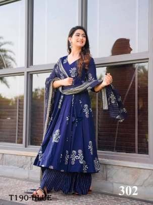Latest Blue Pure Muslin With Digital Print Kurti Pant Dupatta Set