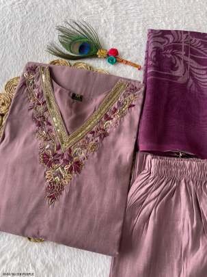 Beautiful Blush Purple Roman Silk Kurti Pant Set With Dupatta
