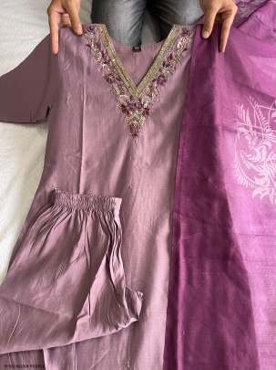 Beautiful Blush Purple Roman Silk Kurti Pant Set With Dupatta