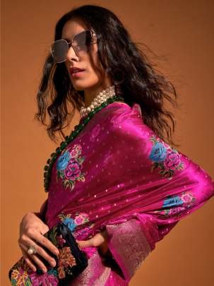 Latest Branded Rani Flower Work Satin Silk Saree