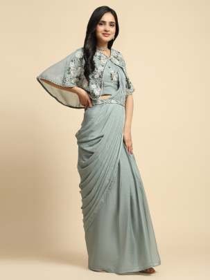 Latest Chiffon Light Green Saree With Embroidered  Belt