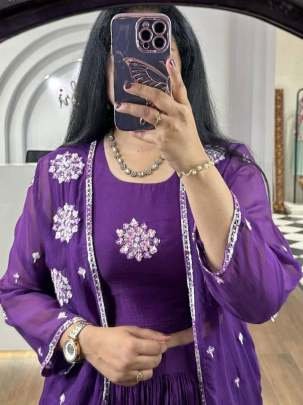 Latest Chinnon Silk Purple Indo Western Dresses