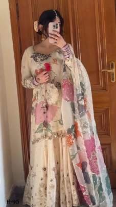 Party Wear Chinon Cream Gharara Suit With Embroidery Work