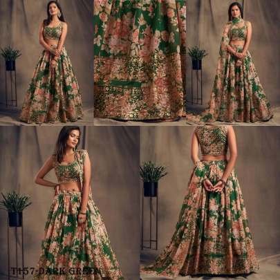 Latest Collection Dark Green Organza Digital Print Lehenga Choli