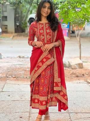 Latest Cotton Red Anarkali Kurti Pant Set