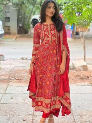 Latest Cotton Red Anarkali Kurti Pant Set