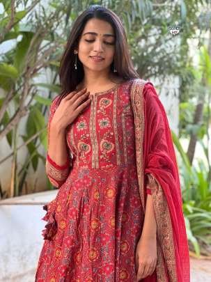 Latest Cotton Red Anarkali Kurti Pant Set