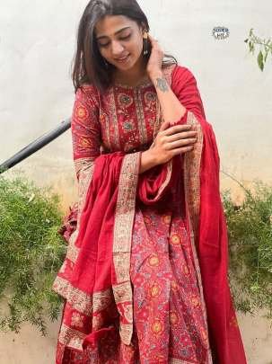 Latest Cotton Red Anarkali Kurti Pant Set