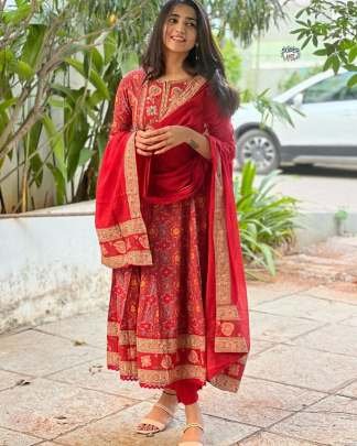 Latest Cotton Red Anarkali Kurti Pant Set