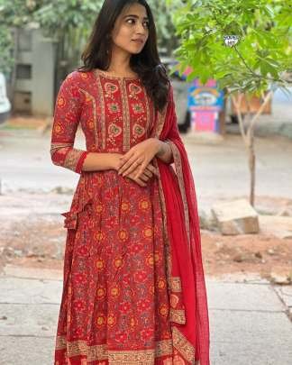 Latest Cotton Red Anarkali Kurti Pant Set