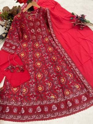 Latest Cotton Red Anarkali Kurti Pant Set