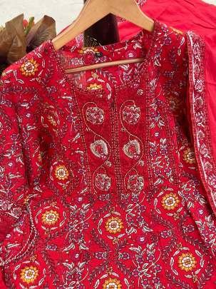 Latest Cotton Red Anarkali Kurti Pant Set