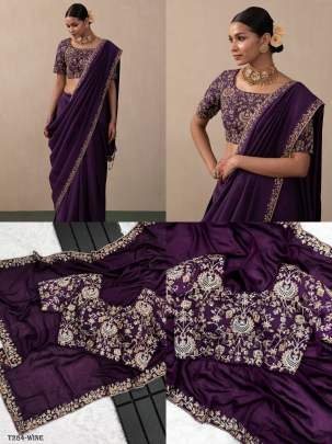 Latest Design Wine Vichitra Silk Saree With Embroidery Saree