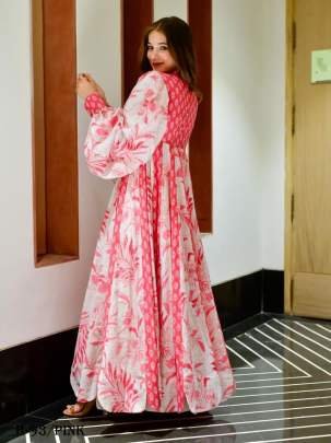 Latest Digital Printed Cotton Silk Pink Long Gown