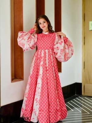 Latest Digital Printed Cotton Silk Pink Long Gown