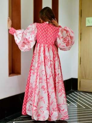 Latest Digital Printed Cotton Silk Pink Long Gown