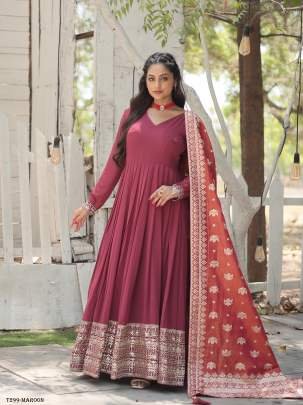 Latest Fancy Maroon Georgette Gown With Sequins Work Dupatta