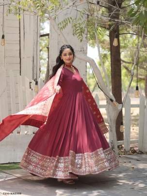 Latest Fancy Maroon Georgette Gown With Sequins Work Dupatta