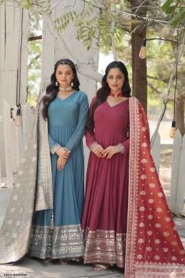 Latest Fancy Maroon Georgette Gown With Sequins Work Dupatta