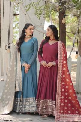 Latest Fancy Maroon Georgette Gown With Sequins Work Dupatta