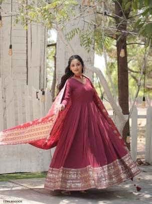 Latest Fancy Maroon Georgette Gown With Sequins Work Dupatta