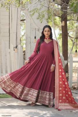 Latest Fancy Maroon Georgette Gown With Sequins Work Dupatta