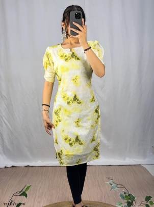 Latest Fancy Yellow Hakoba Print Shibori Kurti