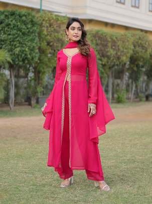 Latest Georgette Pink Color Kurti Pant Set