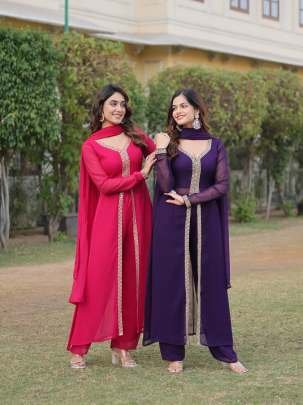 Latest Georgette Pink Color Kurti Pant Set
