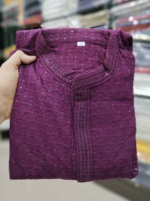 Latest Heavy Rayon Chikan Work Wine Kurta Pyjama