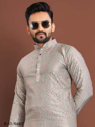 Latest Indian Wear Silk Grey Men Kurta With Pajama