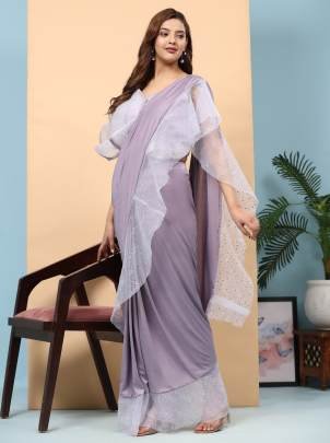 Latest Lavender Ruffle Border Ready To Wear Saree With Stitched Blouse