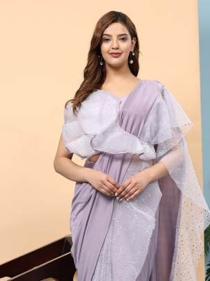 Latest Lavender Ruffle Border Ready To Wear Saree With Stitched Blouse