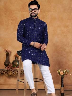 Latest Mirror Work Cotton Blue Men Kurta Pyjama