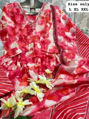 Latest Muslin and Silk Red Kurti Pant With Dupatta