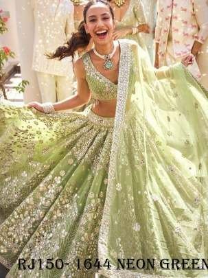 Neon Green Butterfly Net Mirror Sequins Work Lehenga choli With Dupatta