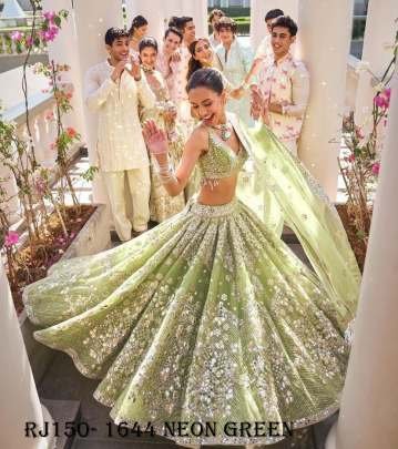 Neon Green Butterfly Net Mirror Sequins Work Lehenga choli With Dupatta