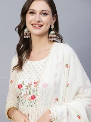 Latest Off White Embroidered Kurti Pant Set with Organza Dupatta