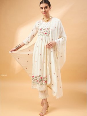 Latest Off White Embroidered Kurti Pant Set with Organza Dupatta