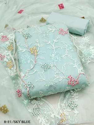 Latest Organza Silk Sky Blue Embroidery Dress Material