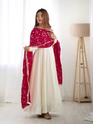 Latest Out Fit Vichitra Silk Anarkali Gown With Duppat Set